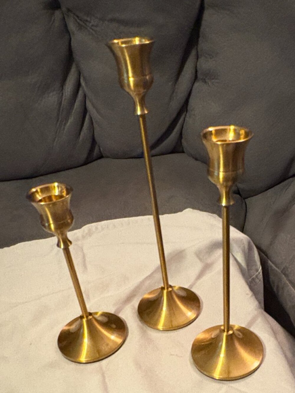 Set of 3 Brass Tone Metal Candlestick Holders-3 Different Sizes-Very Good Cndt